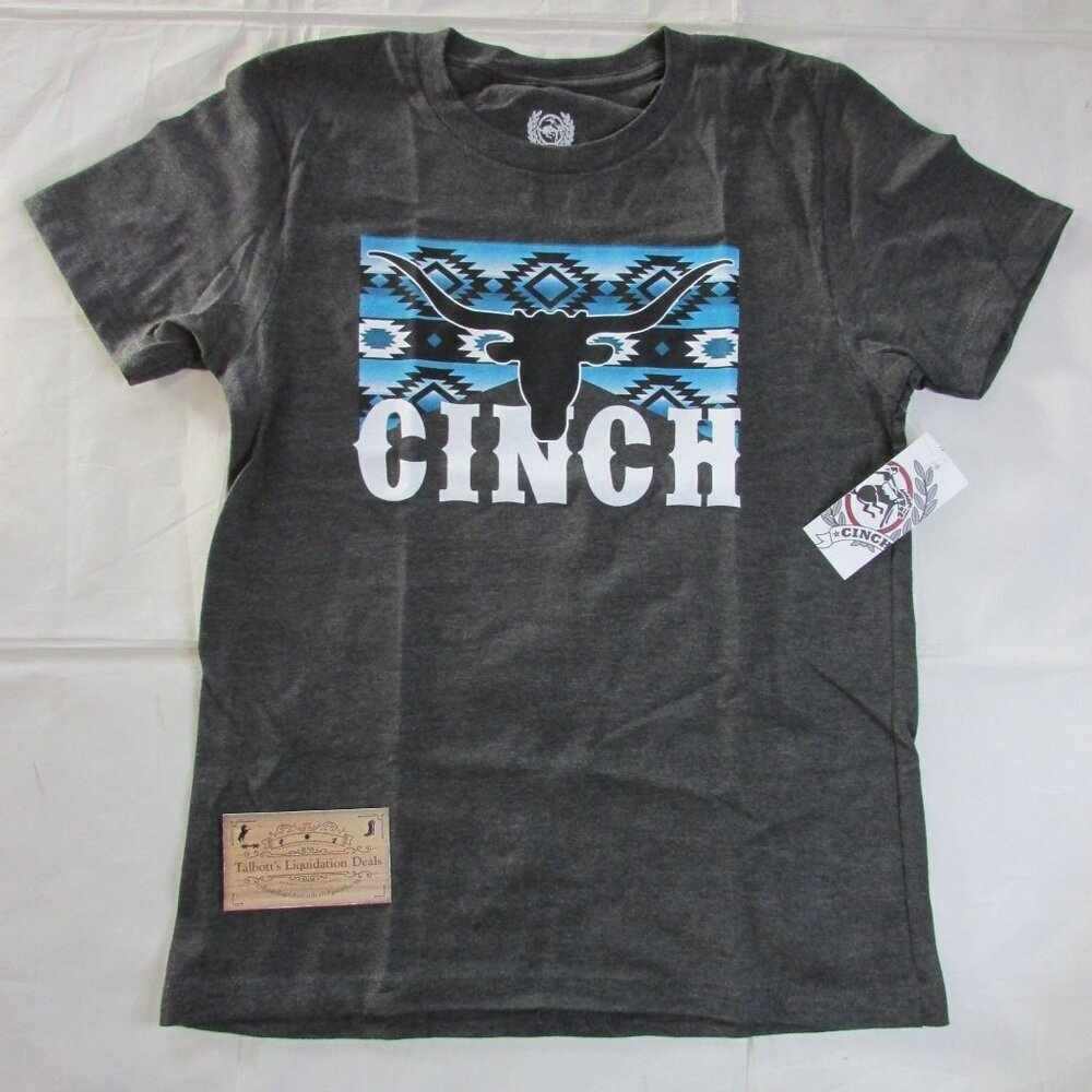 Cinch Youth Boy's SM Short Sleeve Aztec Longhorn Graphic T-Shirt Charcoal Grey